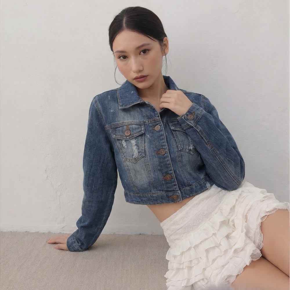 Dollhouse Crop Denim Jacket Womens Size M Blue Jean Distressed Splatter